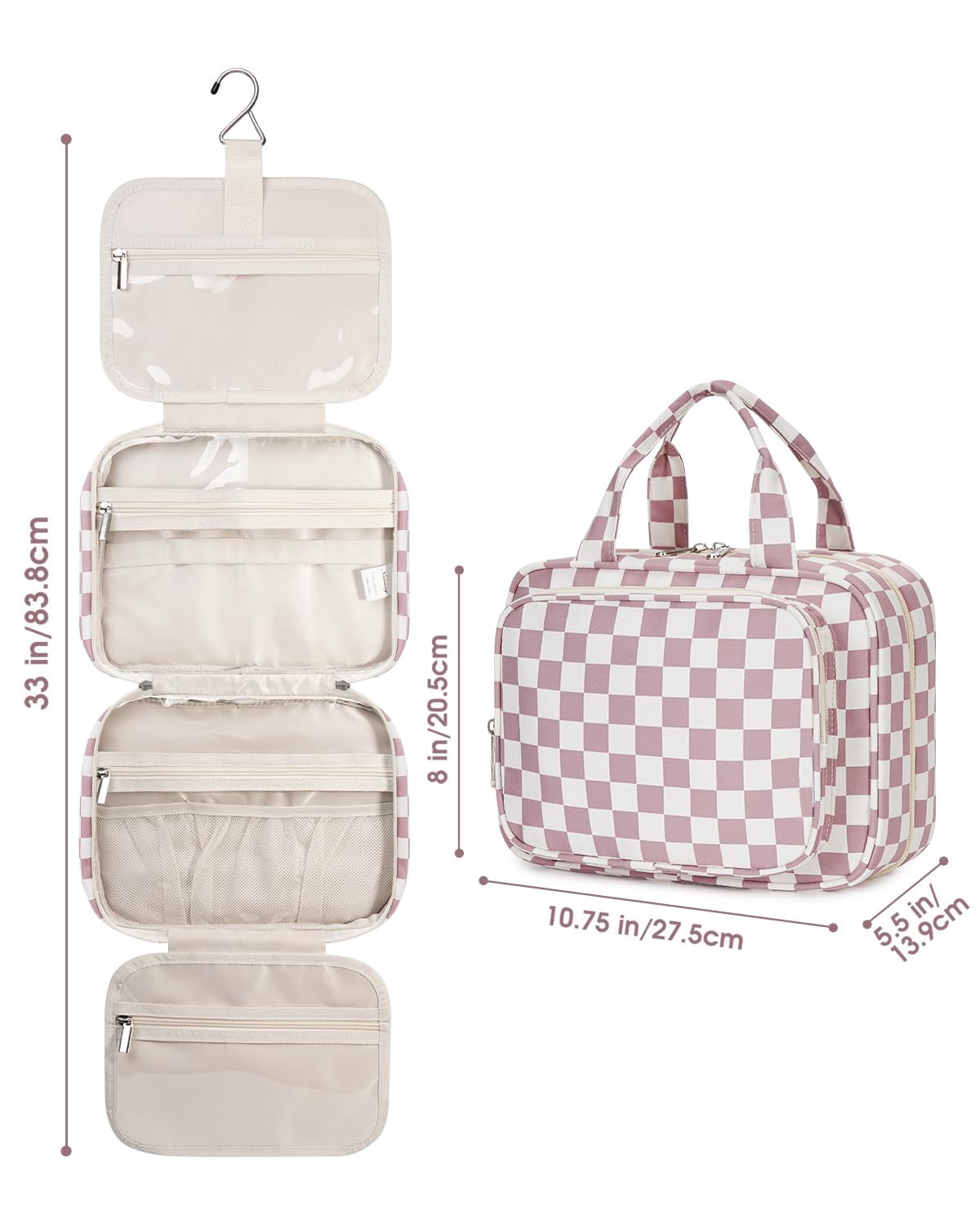 Checkerboard Hanging Travel Toiletry Bag with Hook, Makeup Bags for Women Cosmetic Organizer Toiletries for Brush Shampoo Travel Essentials, Pink