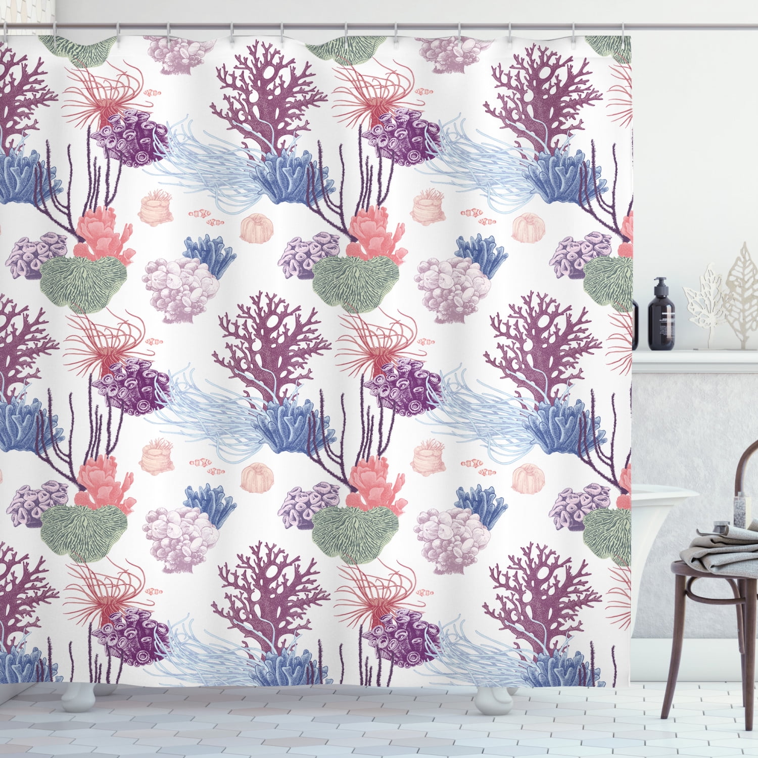 Nature Shower Curtain, Underwater Scene of Engraved Style Coral Reef