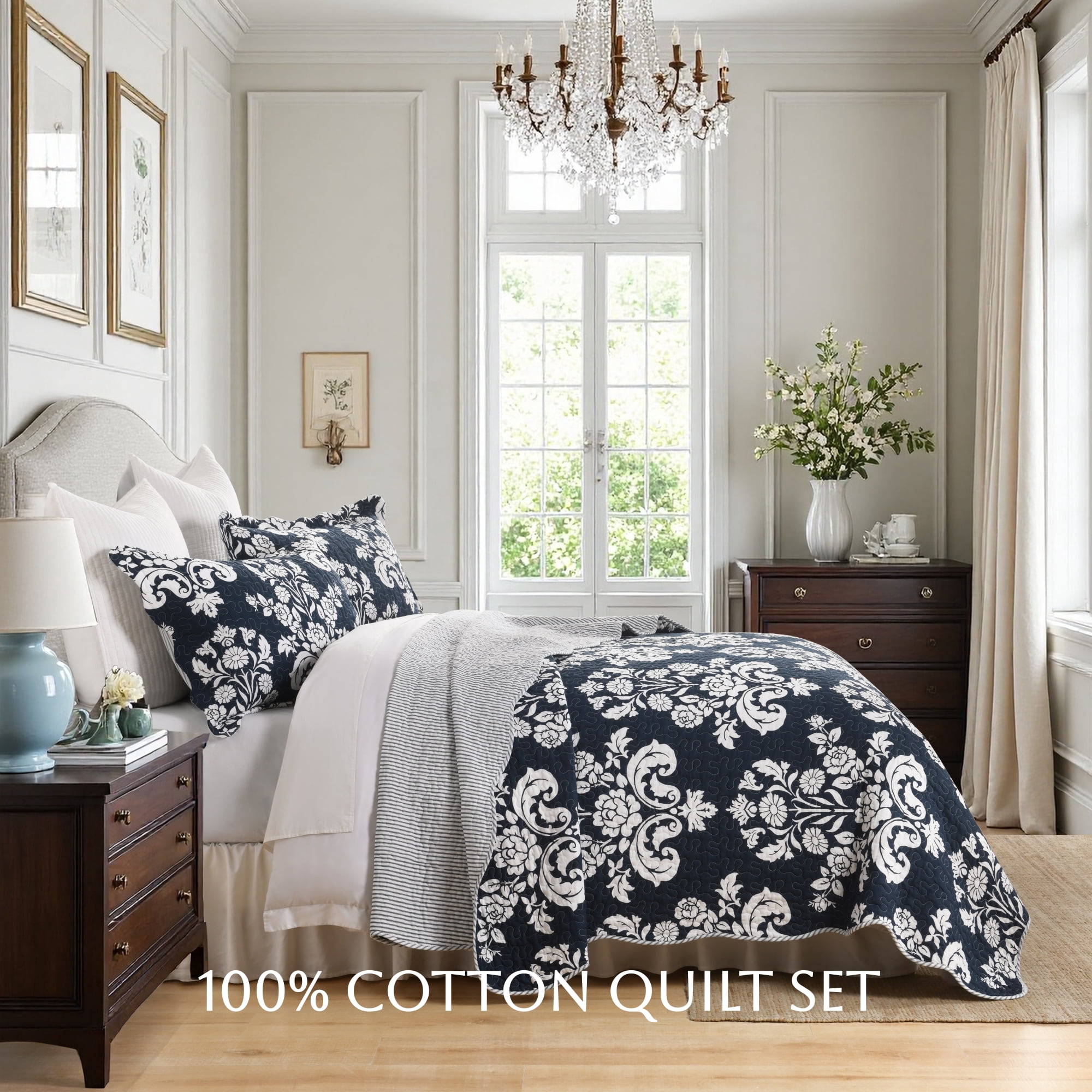 Quilt Set Queen Size 3 Pieces, 100% Cotton Navy Blue Lightweight Quilted Bedspread, Reversible Damask Floral Bedding Set for All Season