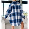 thumbnail image 4 of Women' Coat Plaid Shirt Woolen Lapel Long Sleeves Single Row Buttons Irregular Hem Blue S, 4 of 6