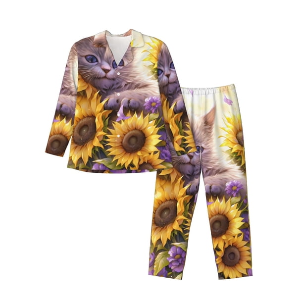Fotbe Daisy Sunflower Lazy Cat Pijama de Hombre con Estampado de Manga Larga, Conjunto de 2 Piezas, Ropa de Dormir Suave y Cómoda con Bolsillos-Medium