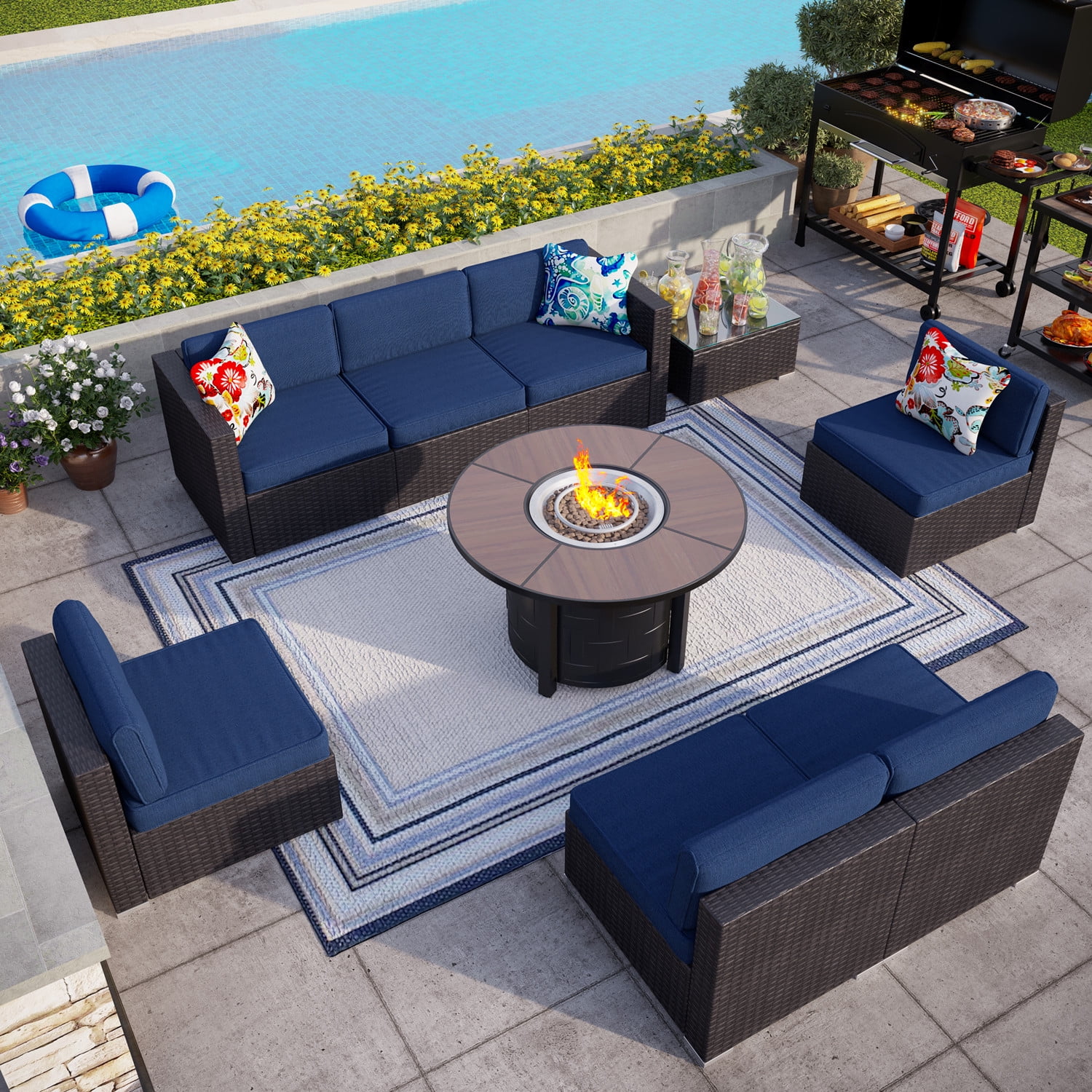 MF Studio 9 PCS Outdoor Patio Furniture with 42-Inch Fire Pit Table