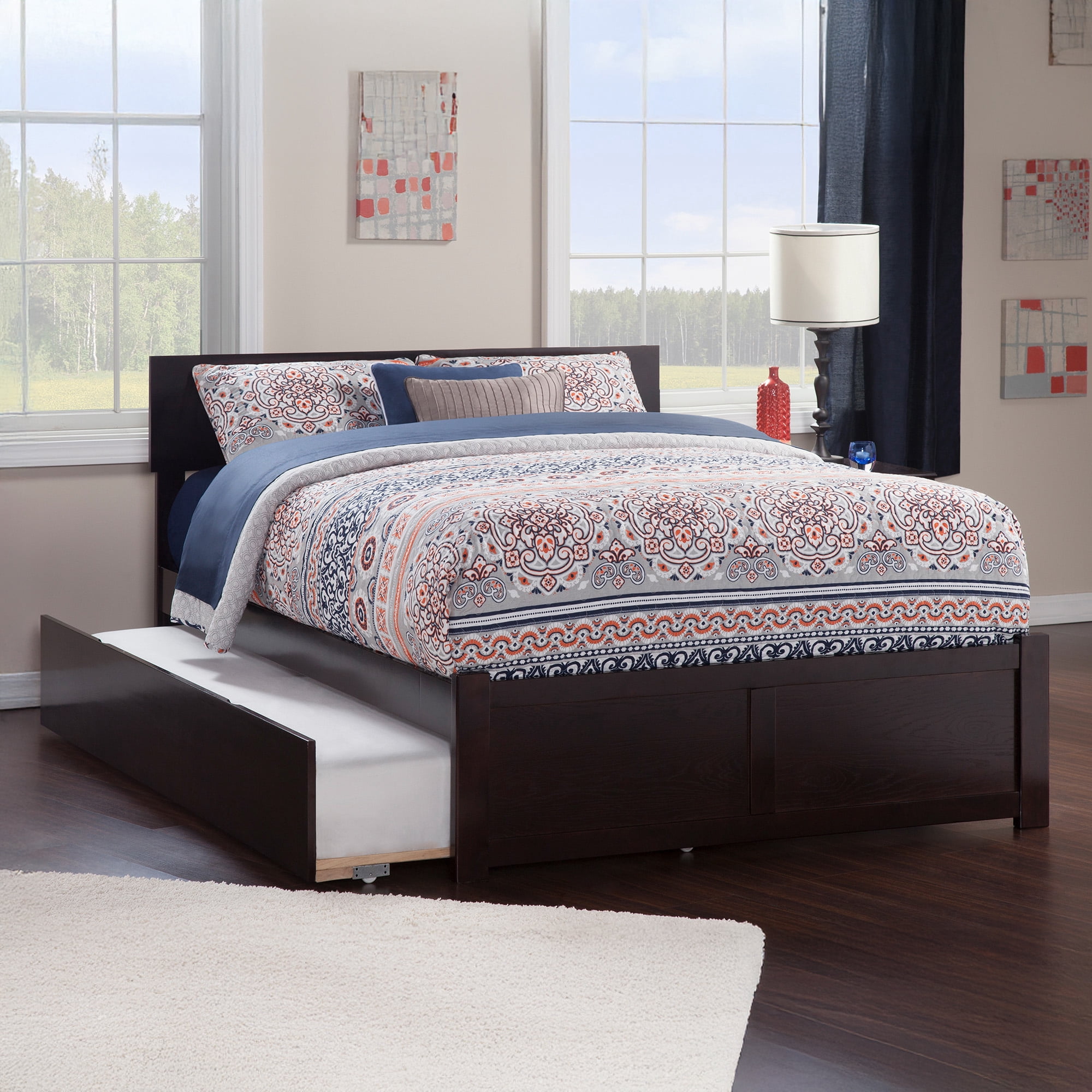 AFI Orlando Queen Wood Platform Bed with Headboard Footboard & Twin XL Trundle, Espresso