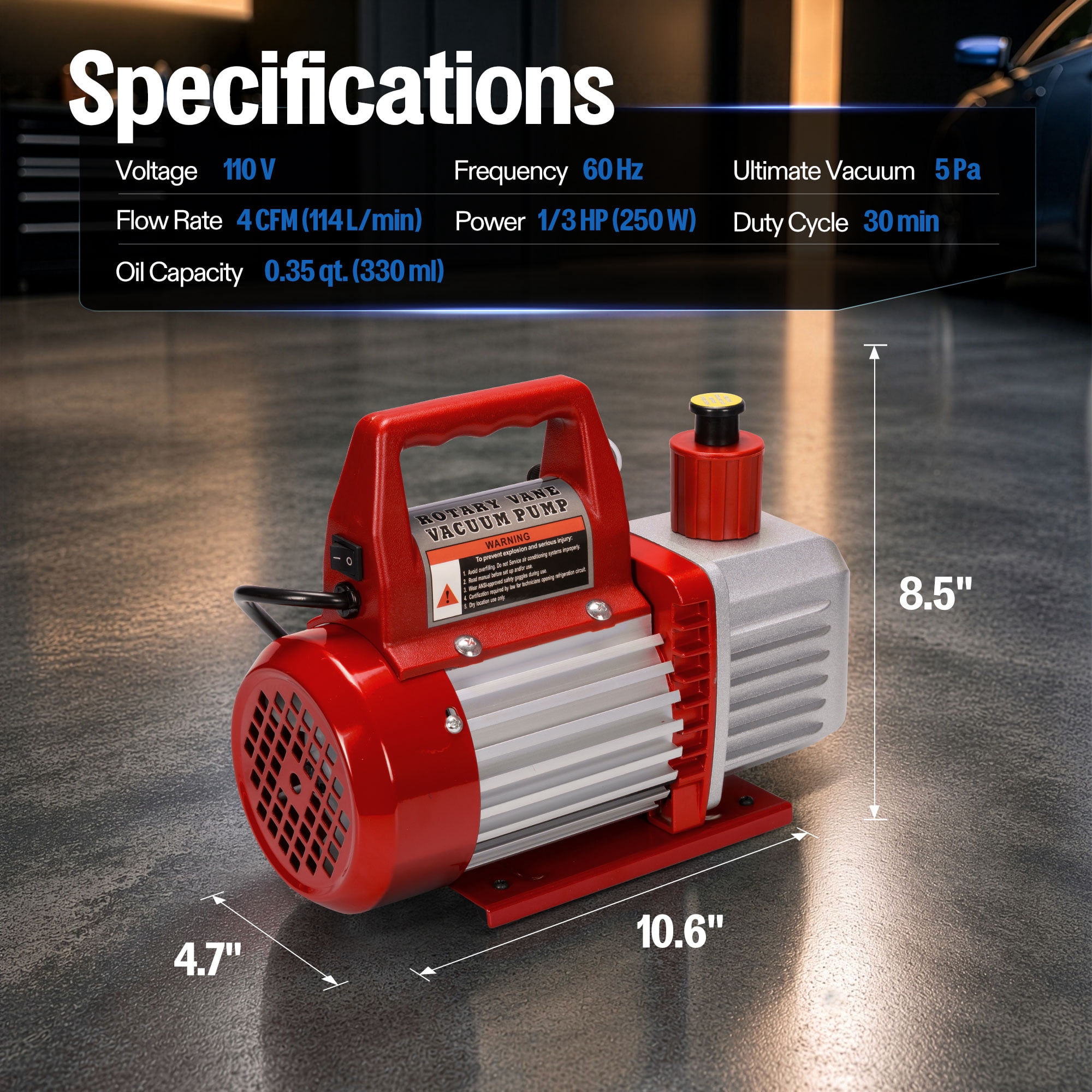 SPECSTAR 110V 1/3 HP 4CFM Single Stage Rotary Vane Vacuum Pump Kit,Red