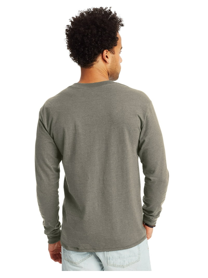 Hanes, Beefy-T Men's Long Sleeve Henley, Pebblestone Heather 2XL