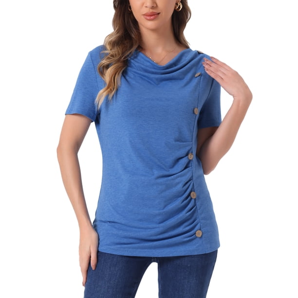 INSPIRE CHIC Camiseta Básica Casual de Manga Corta con Botones y Fruncido Frontal para Mujer L Azul