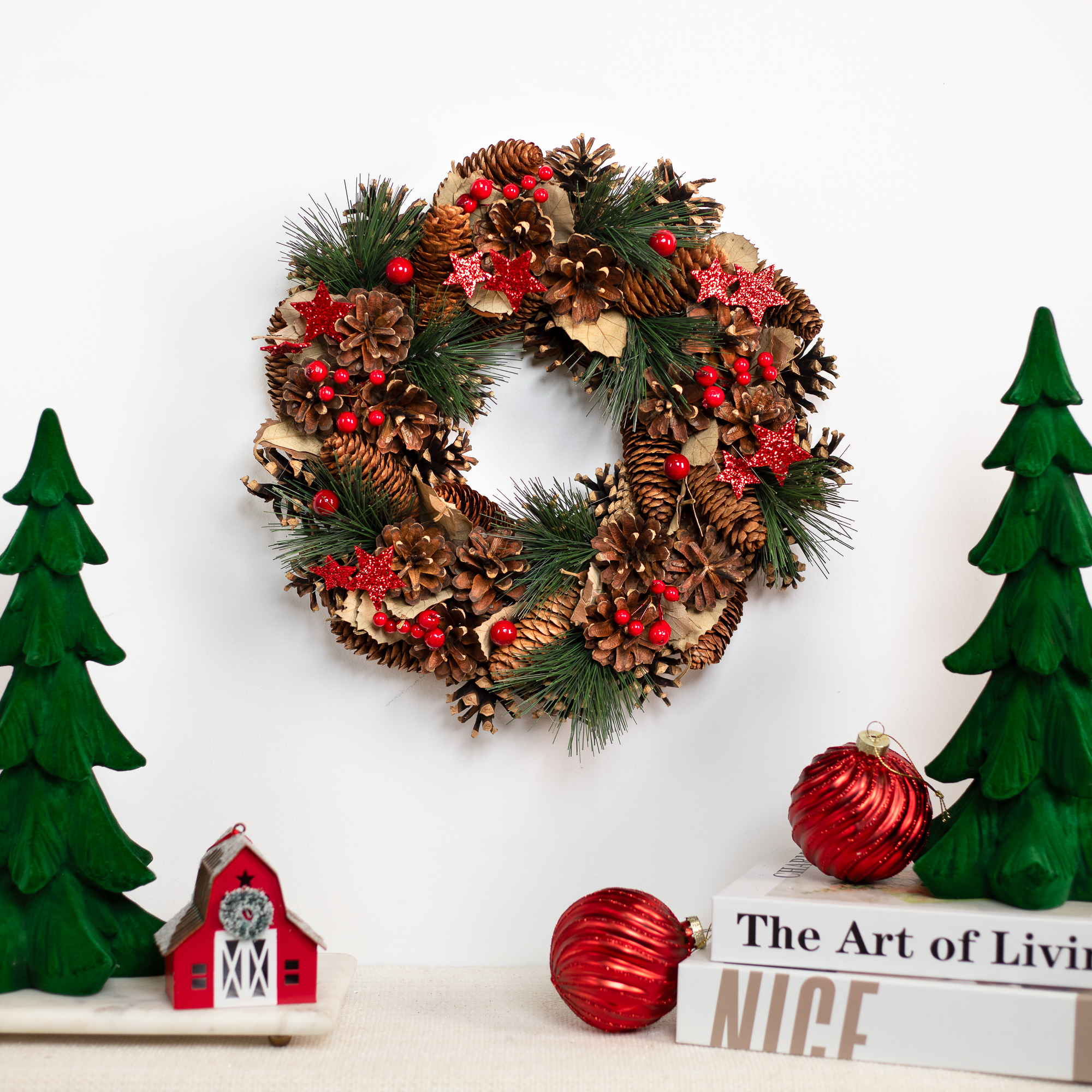 Pinecones and Glittered Stars Small Artificial Christmas Wreath - 13.5" - Unlit