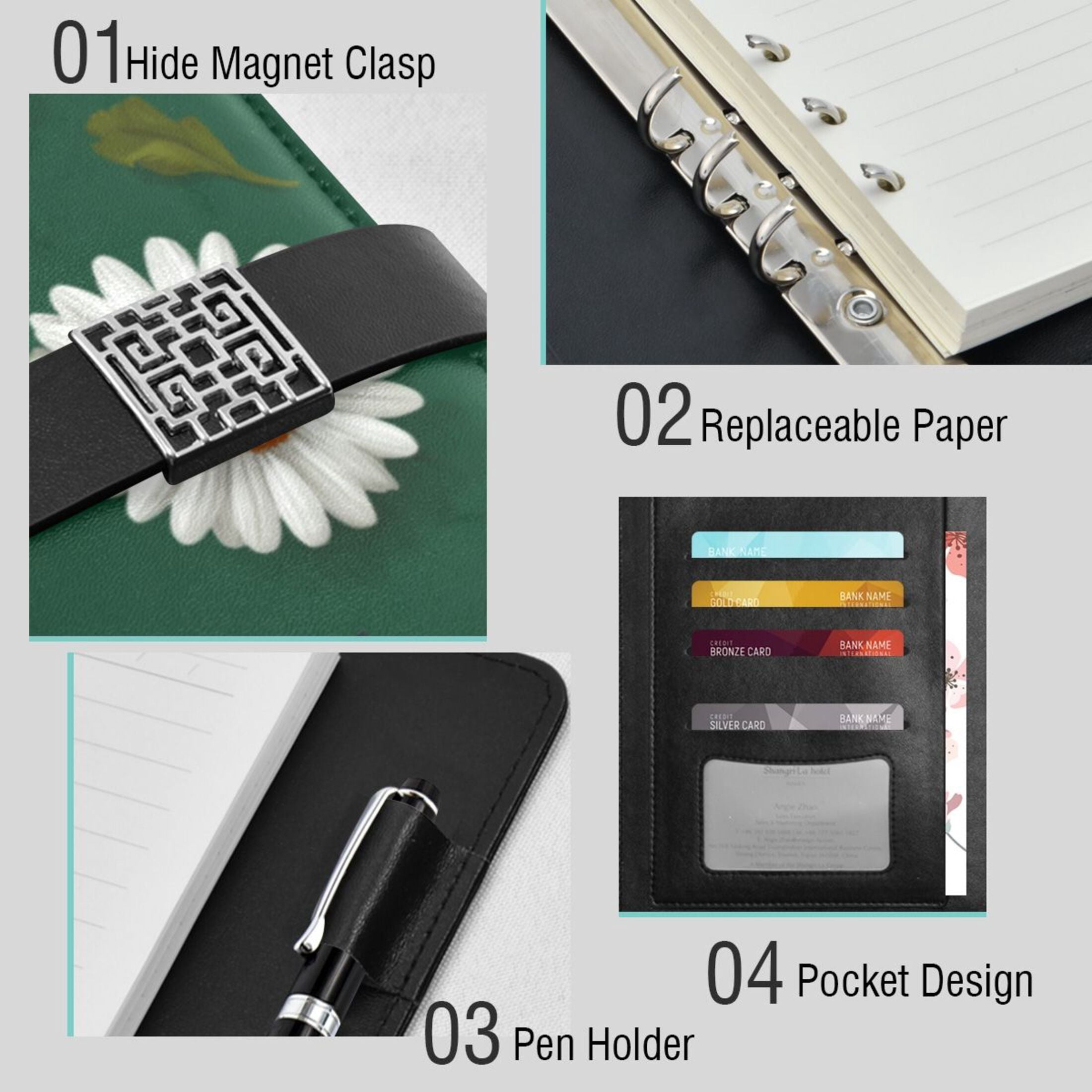 Leather Planner Leather Notebook Notebook Journal Binder Design Pen Pocket Design Convenient for Storage Cute Ladybug White Daisy