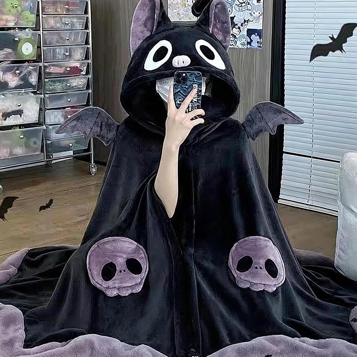 Bat Blanket Hoodie, Halloween Wearable Blanket with Hood | Soft Cozy Oversized Halloween Snuggie for Adults and Teens, for Cosplay, Parties, Lounging and Gifts