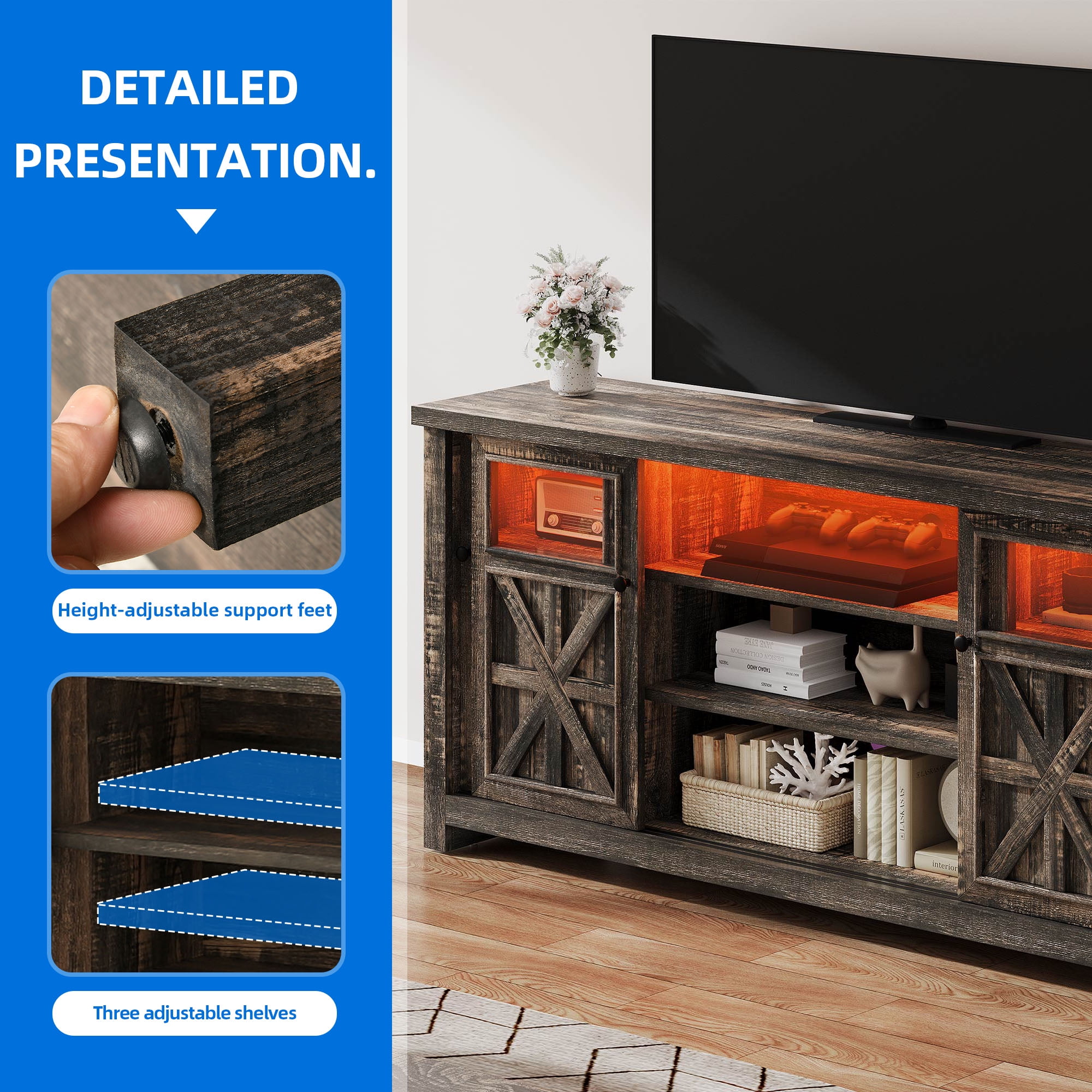 Uforic Large LED TV Stand for TV up to 75", Farmhouse Entertainment Center with Sliding Door, Oak