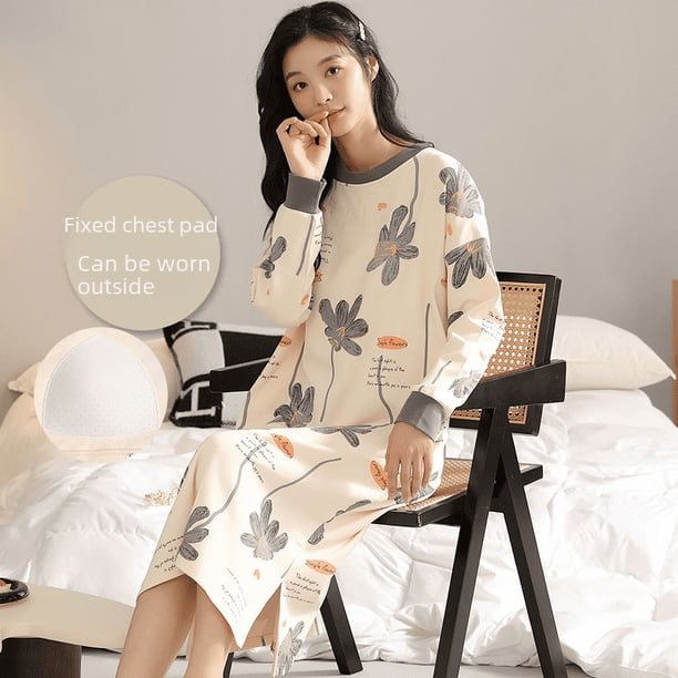 Camisón de mujer con almohadilla para el pecho, pijama de otoño e invierno de manga larga de algodón puro, ropa de casa de dibujos animados para mujer que se puede usar al aire libre