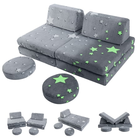 MeMoreCool Kids Couch Sofa Modular Toddler Couch for Bedroom Playroom, 8-Piece Fold Out Couch Play Set, Creative Baby Couch Children Convertible Sofa Kids Foam Couch, Glow in The Dark Star