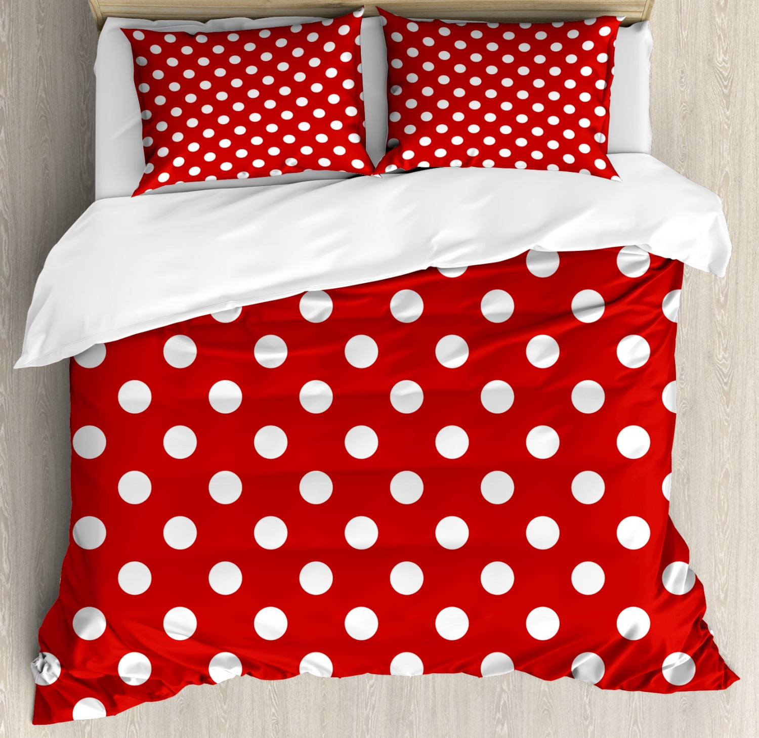 Retro Duvet Cover Set Queen Size, Vintage Polka Dots with Big White