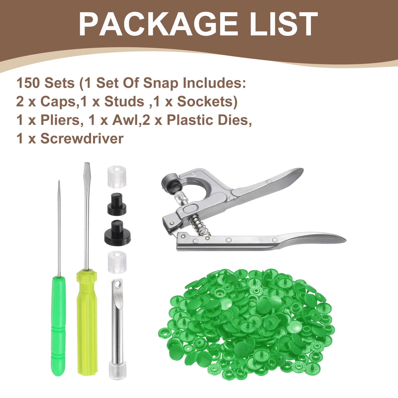 Uxcell Plastic Snaps Fasteners with Snap Pliers, 150 Set T5 Round Resin No-Sew Button Snap Fasteners Kit Green