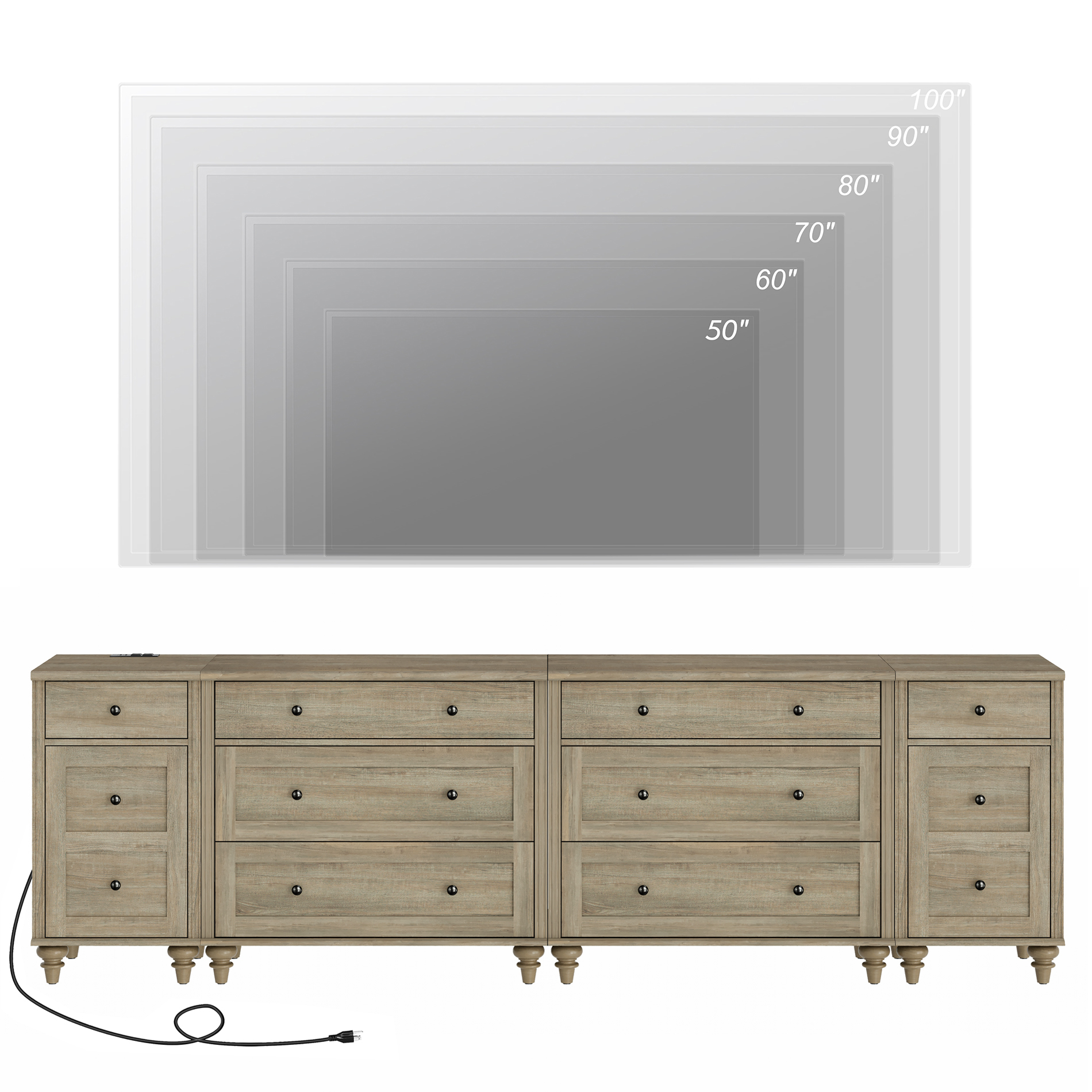 WAMPAT Dresser for Bedroom with 8 Drawers and 2 Storages, Dresser with Charging Station for Living Room, Gray Dressers with Wide 3 Chest of Drawers, for Nursery, Hallway, Wash Grey