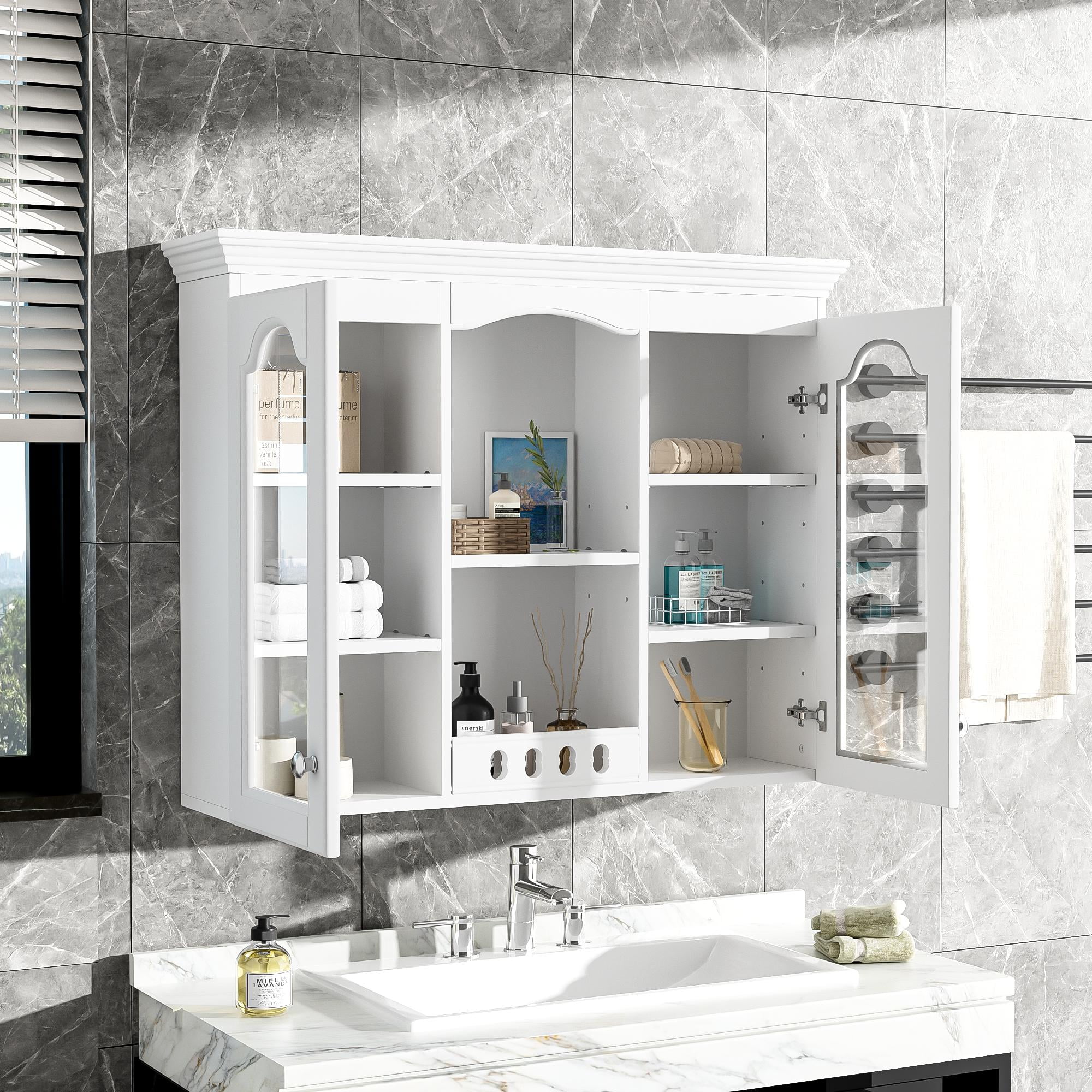White Wall Mounted Cabinet with 2 Glass Doors – Over The Toilet Storage Cabinet, Retro Style Bathroom Wall Cabinet with Adjustable Shelf