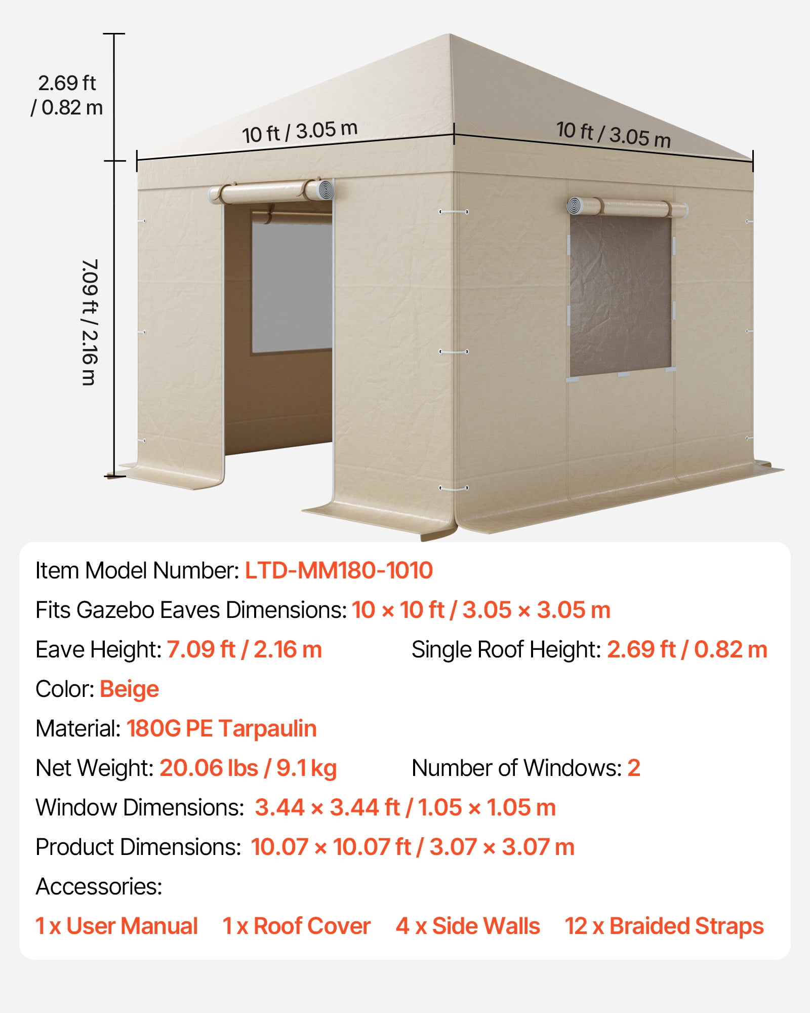 VEVOR Winter Gazebo Cover Fits 10 x 10 ft Hardtop Gazebos, All-Weather Gazebo Cover with Sidewalls & Mesh Windows, High-Density PE Material, Enclosed Storage Shelter Covers, Gazebos not Included