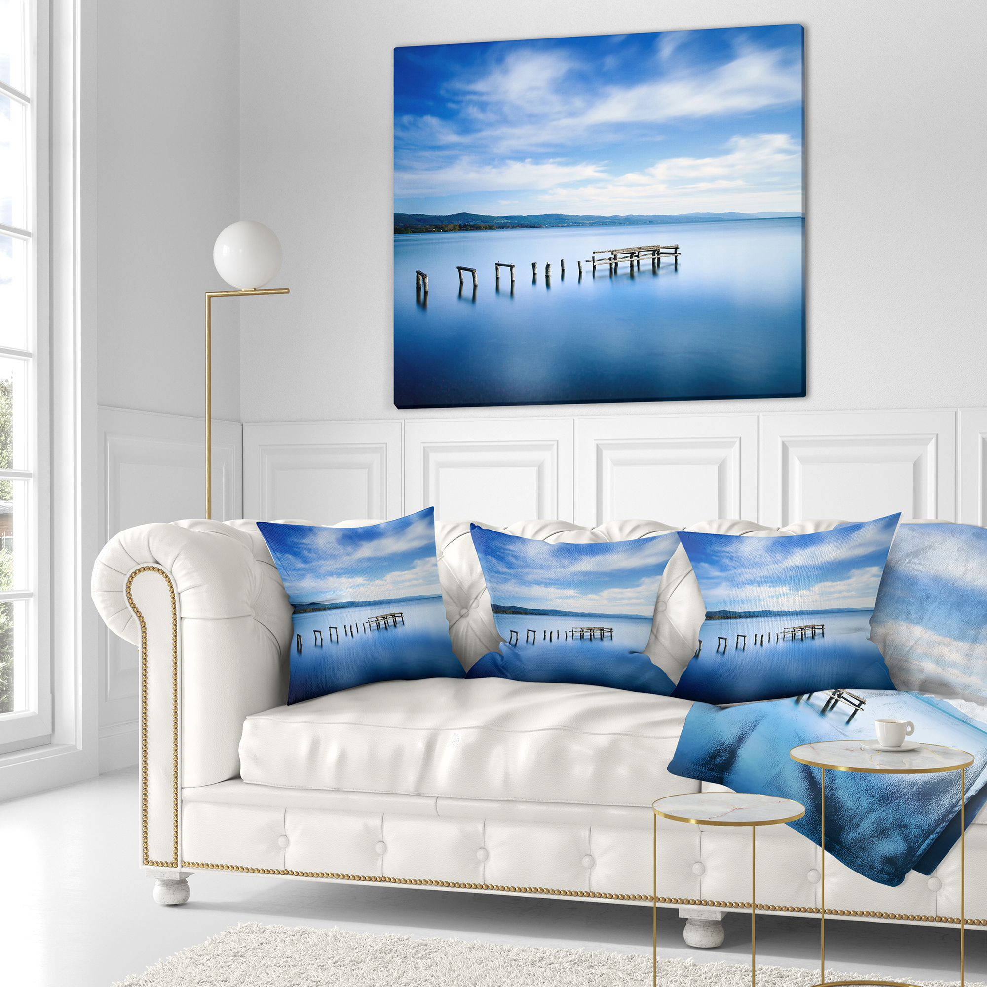 Designart White Clouds and Blue Sea - Seascape Throw Pillow - 18x18