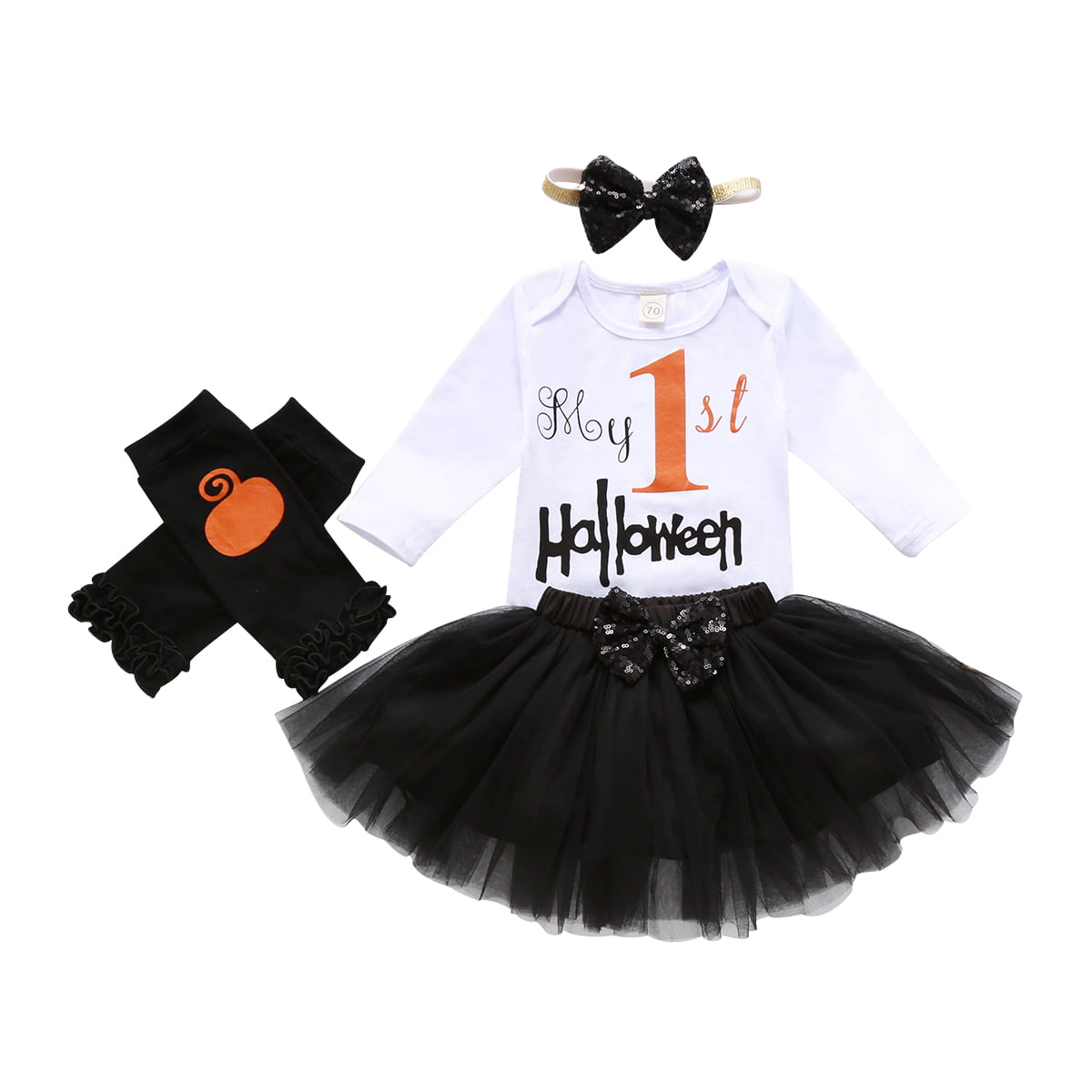 Newborn Baby Girl 4Pcs Pumpkin Romper Tutu Skirt Headband Shoes Outfit Halloween 