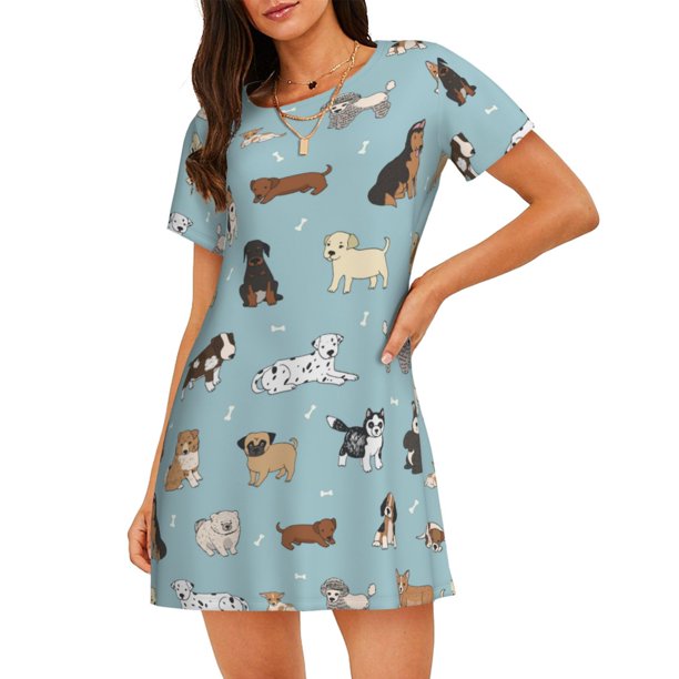 Disketp Dog Pets para Camisón Corto de Manga Corta para Mujeres, Camisón Cómodo con Escote Redondo, Bonito y Confortable