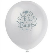 Unique Industries Latex Feliz Bautizo 16.0" Silver Text Baptism Balloons, 8 Count