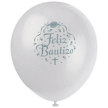 Unique Industries Latex Feliz Bautizo 16.0" Silver Text Baptism Balloons, 8 Count