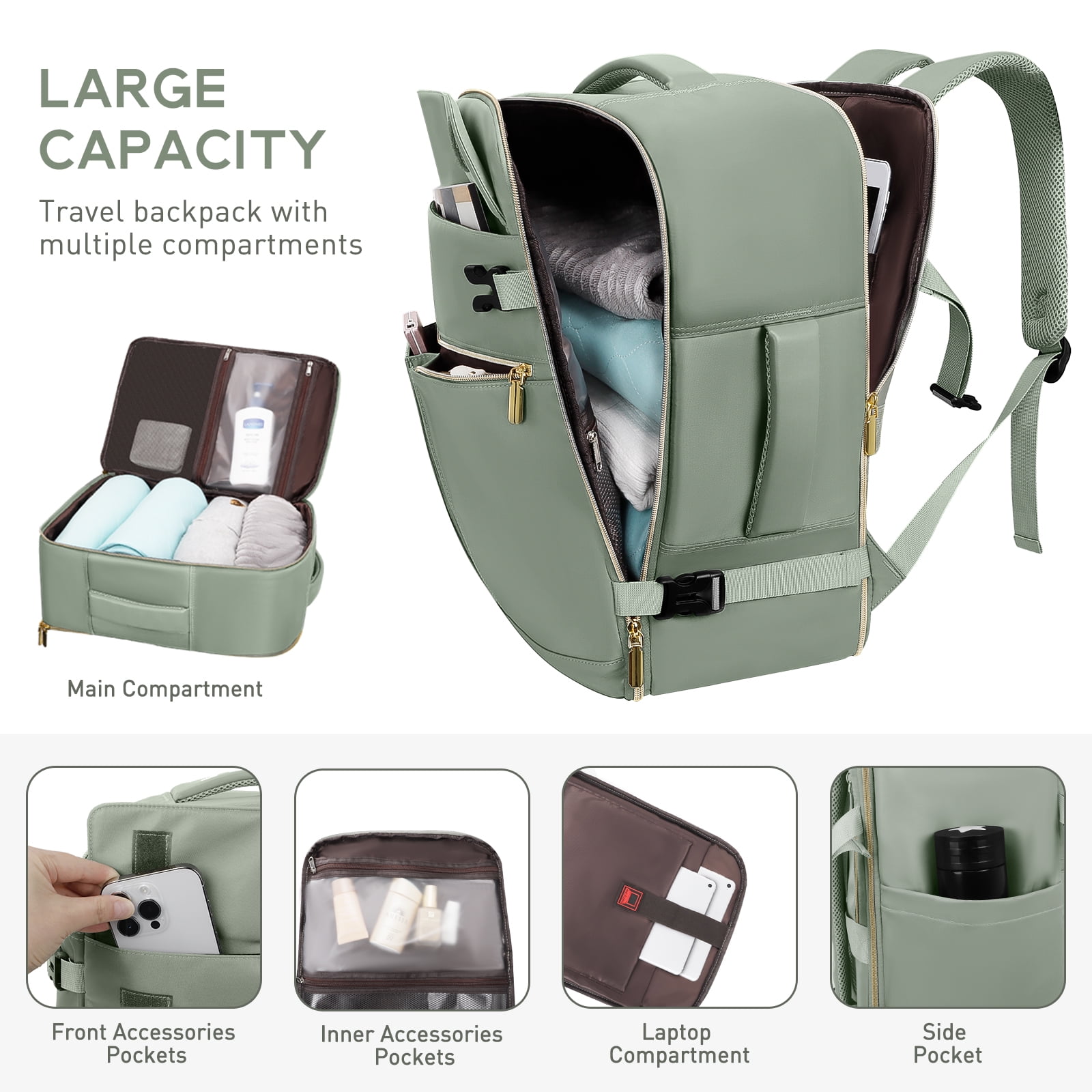 CshidWorld Travel Backpack for Men Women, Airplane Approved Carry on Backpack with 3 Packing Cubes, 40L Travel Bag Fits 17inch Laptop, Travel Essentials Backpack for Weekender Business Hiking, Green