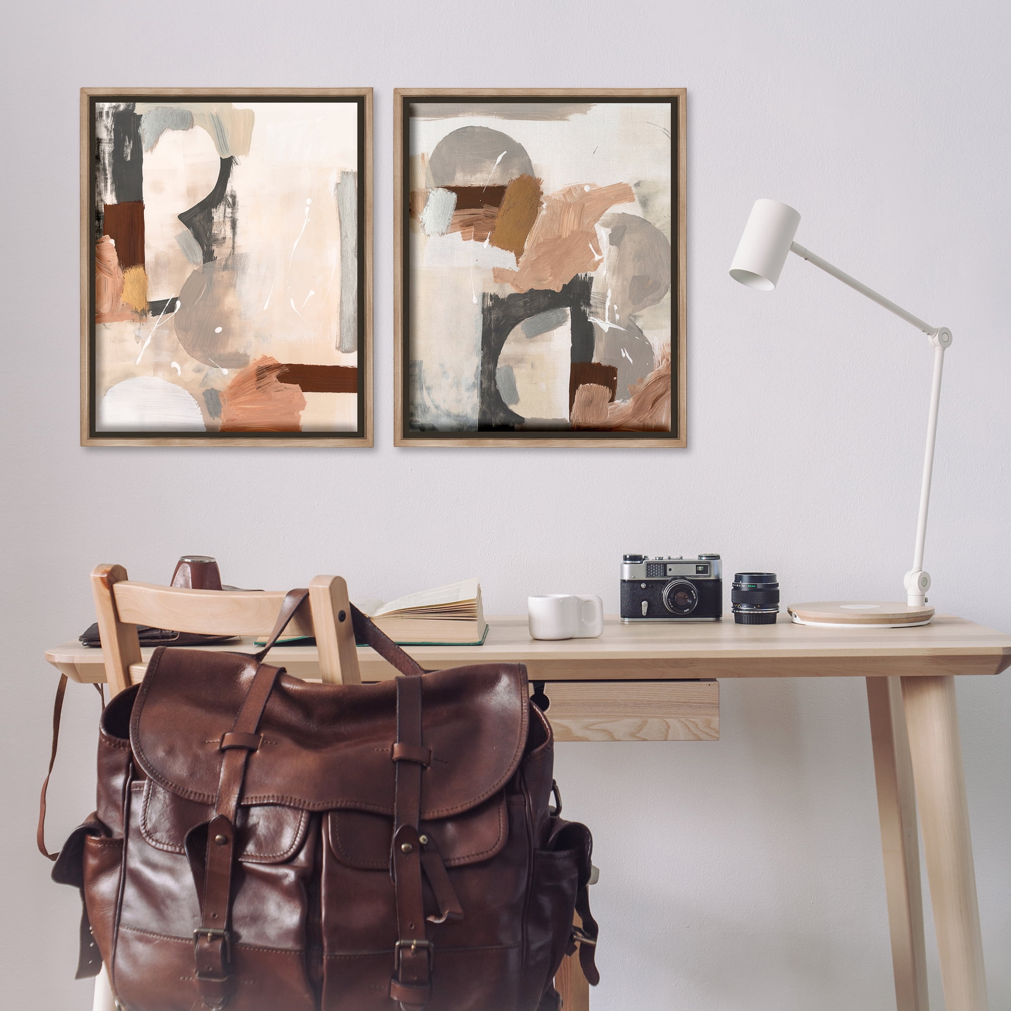 Stupell Industries Abstract Neutral Shapes Brown Abstract Painting Brown Floater Framed Canvas Art Print Wall Art, 31 x 25, Set of 2