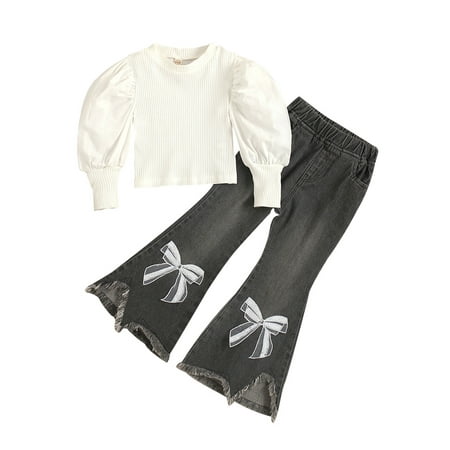 

Yuemengxuan Girl Jeans Set Bishop Sleeve Round Neck Knitted Tops Flared Jeans