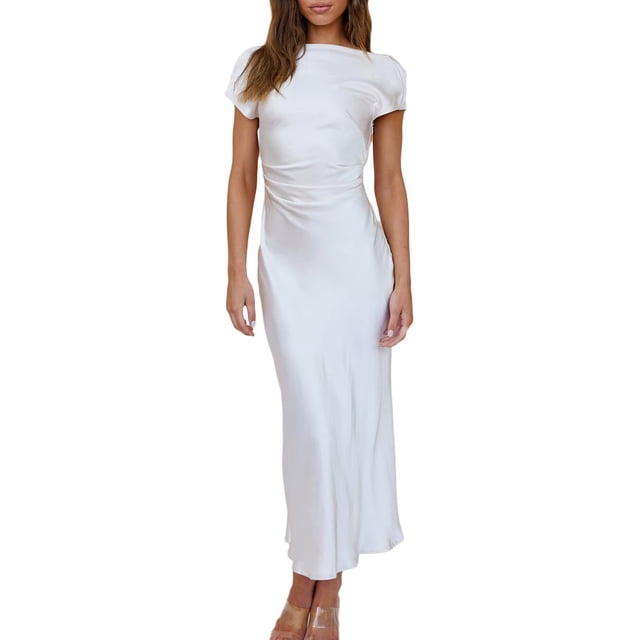 Vestido Gmeitoey de satén con mangas casquillo en la espalda, de verano, para mujer