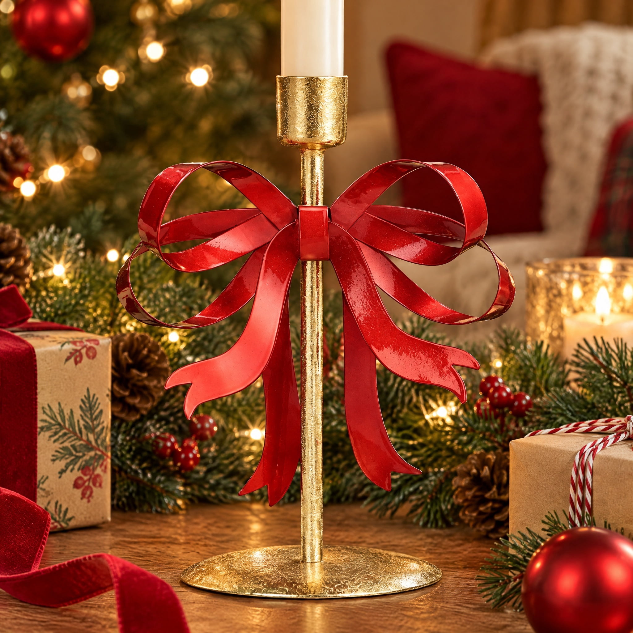 Small Gold and Red Bow Metal Christmas Taper Candle Holder, 7.8", by Holiday Time