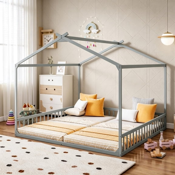 Bellemave Double Twin Floor Bed for 2 Kids, Wood Montessori Floor Bed Frame with Safety Guardrails, Low‑Profile House‑Shaped Design, No Box Spring Needed for Toddlers Boys and Girls Teens, Gray