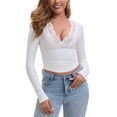 thumbnail image 6 of Syhzlz Women's Sexy Deep V Neck Lace Tops High-elastic Long Sleeve Crop Top Going Out Slim Fitted T-shirts, 6 of 6