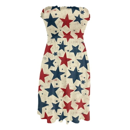 CHCNHAC Independence Day Summer Dresses for Women 2025 Red White and Blue Graphic Dresses Patriotic Trendy Flowy Swing Strapless Prom Dress Dark Blue XL