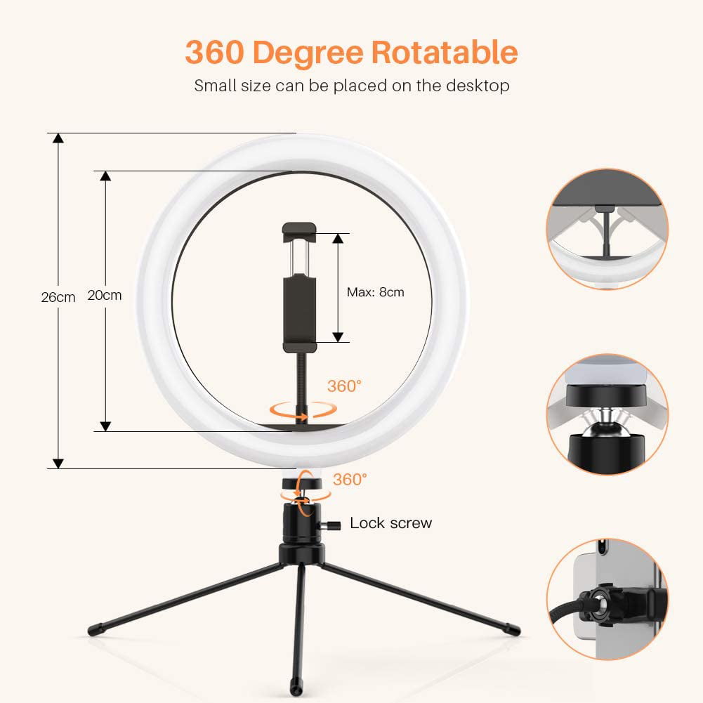 Yoozon 10” LED Ring Light with Tripod Stand & Phone Holder Dimmable Desktop 