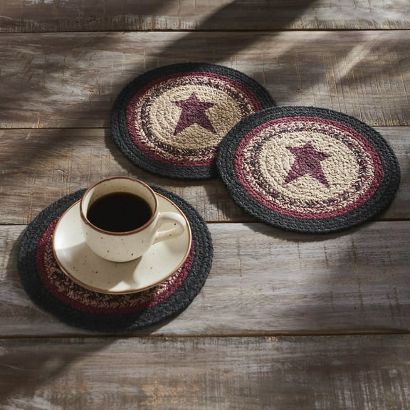 VHC Brands Braided Cotton Trivet 8 Set of 3, Cotton Dining Room, Kitchen Trivet, Pot Holder, Hot Pads, Connell Collection, Round 8x8, Star, Burgundy