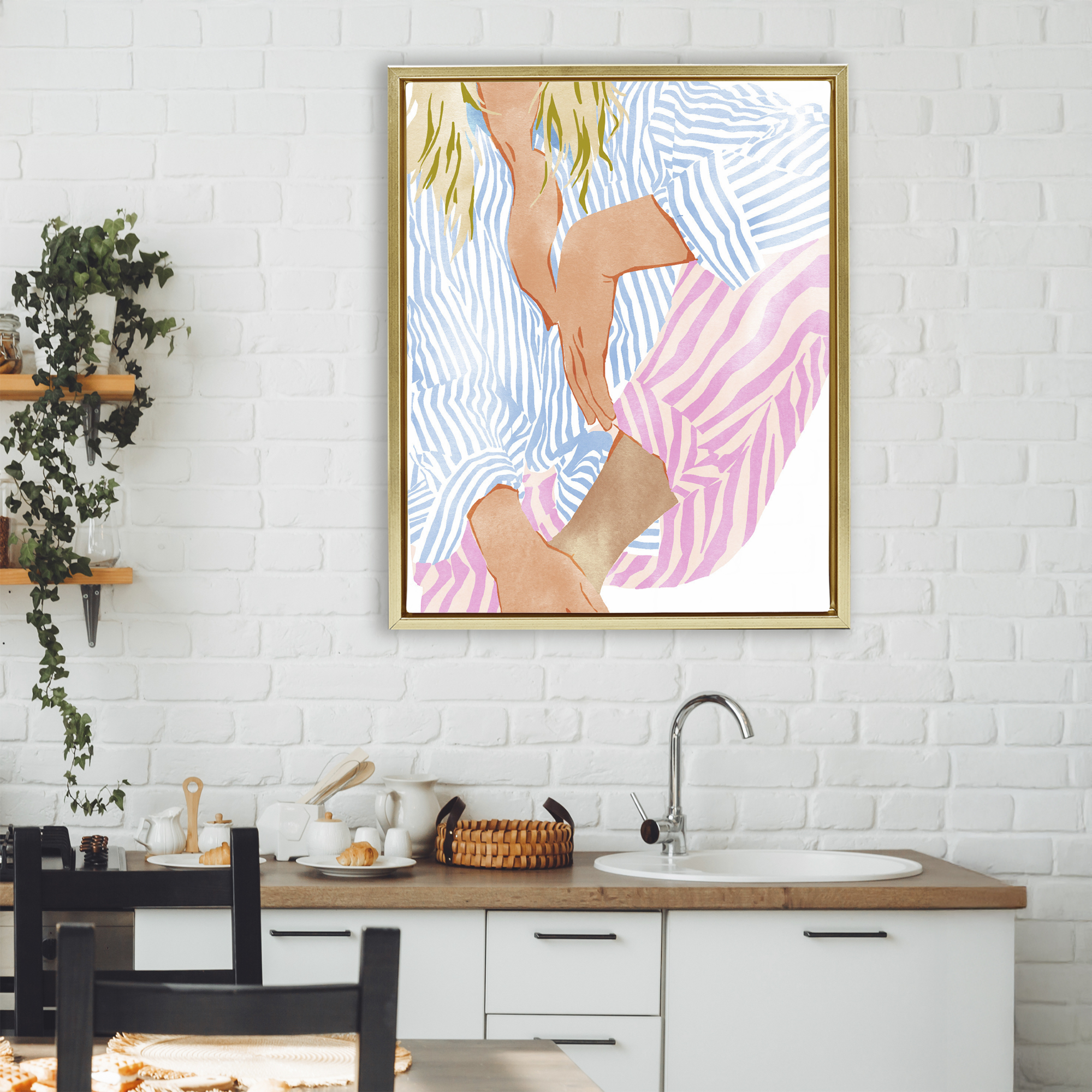Woman in Pastel Stripes Gold Framed Floater Canvas Wall Art, design by Ziwei Li