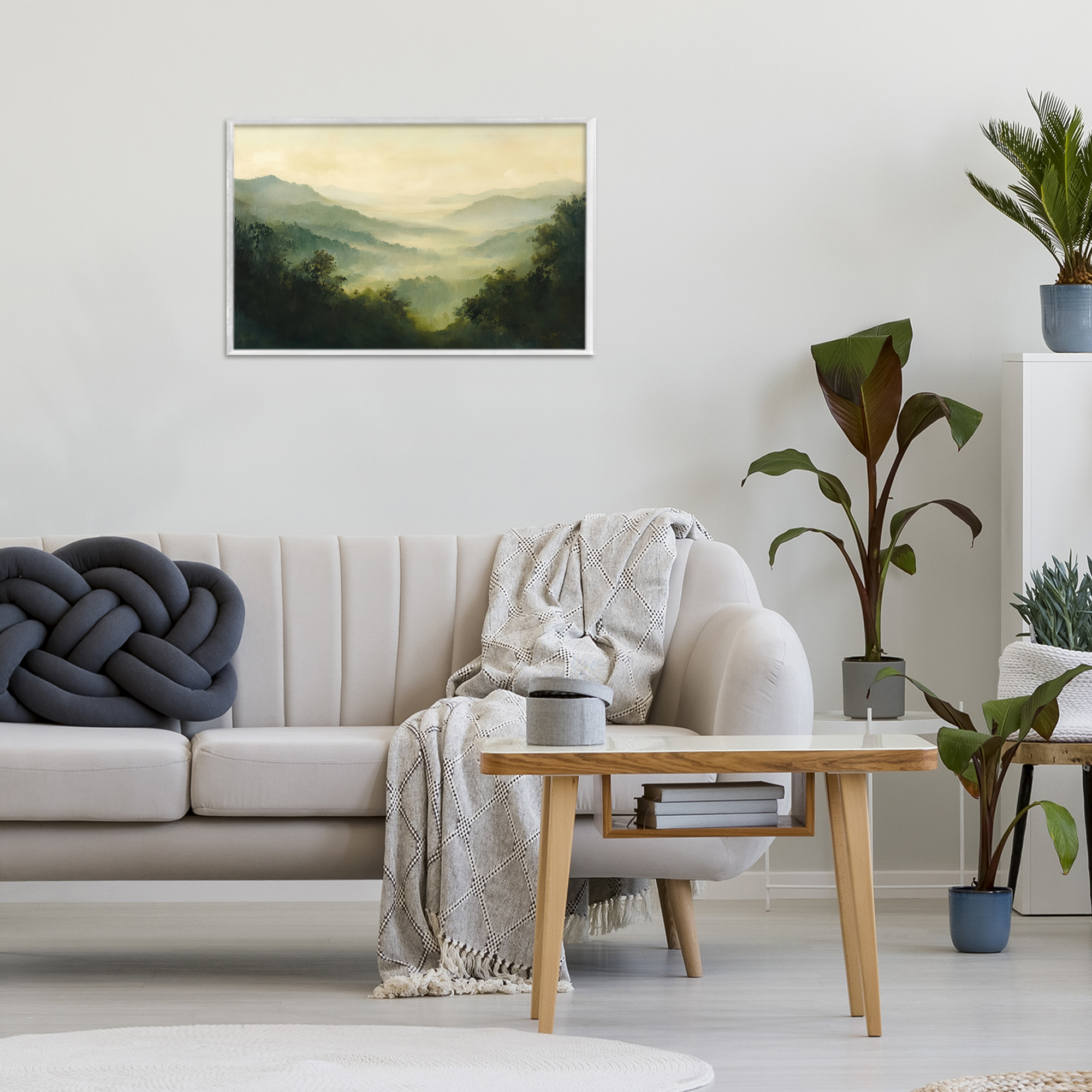 Through The Haze Landscape White Framed Giclee Art, design by Petal Prints Design