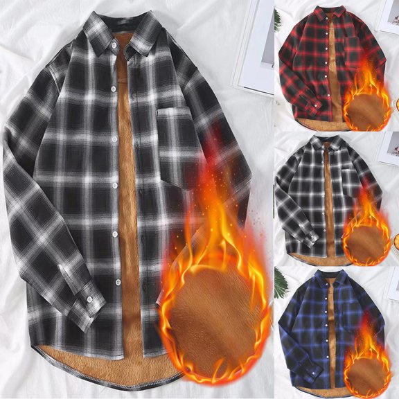 safuny Men's Long Sleeve Casual Outwear Jackets Plush Thick Warm Plaid Shirt Autumn And Winter Jacket Lapel Dressy Lounge Trendy Blazer Pullover Blue L