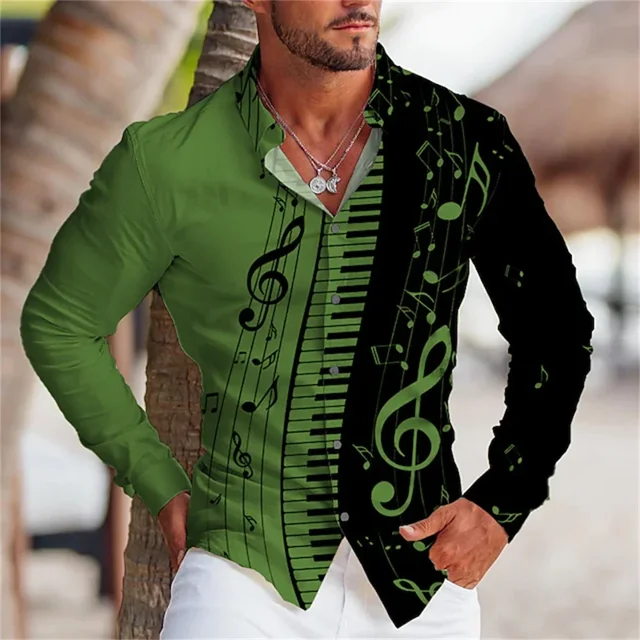 Camisa de verano para hombre con estampado de símbolo de instrumento musical, cuello tipo cárdigan, camisa informal de calle de un solo pecho
