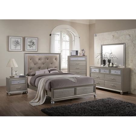 Ariela Champagne Upholstered Panel Bedroom Set Special Queen 6 Piece: Bed, Dresser, Mirror, 2 NightStands, Chest