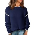 thumbnail image 3 of Women Crewneck Sweaters Long Sleeve Knit Pullover Sweater Casual Fall Tops Navy Blue XL, 3 of 8