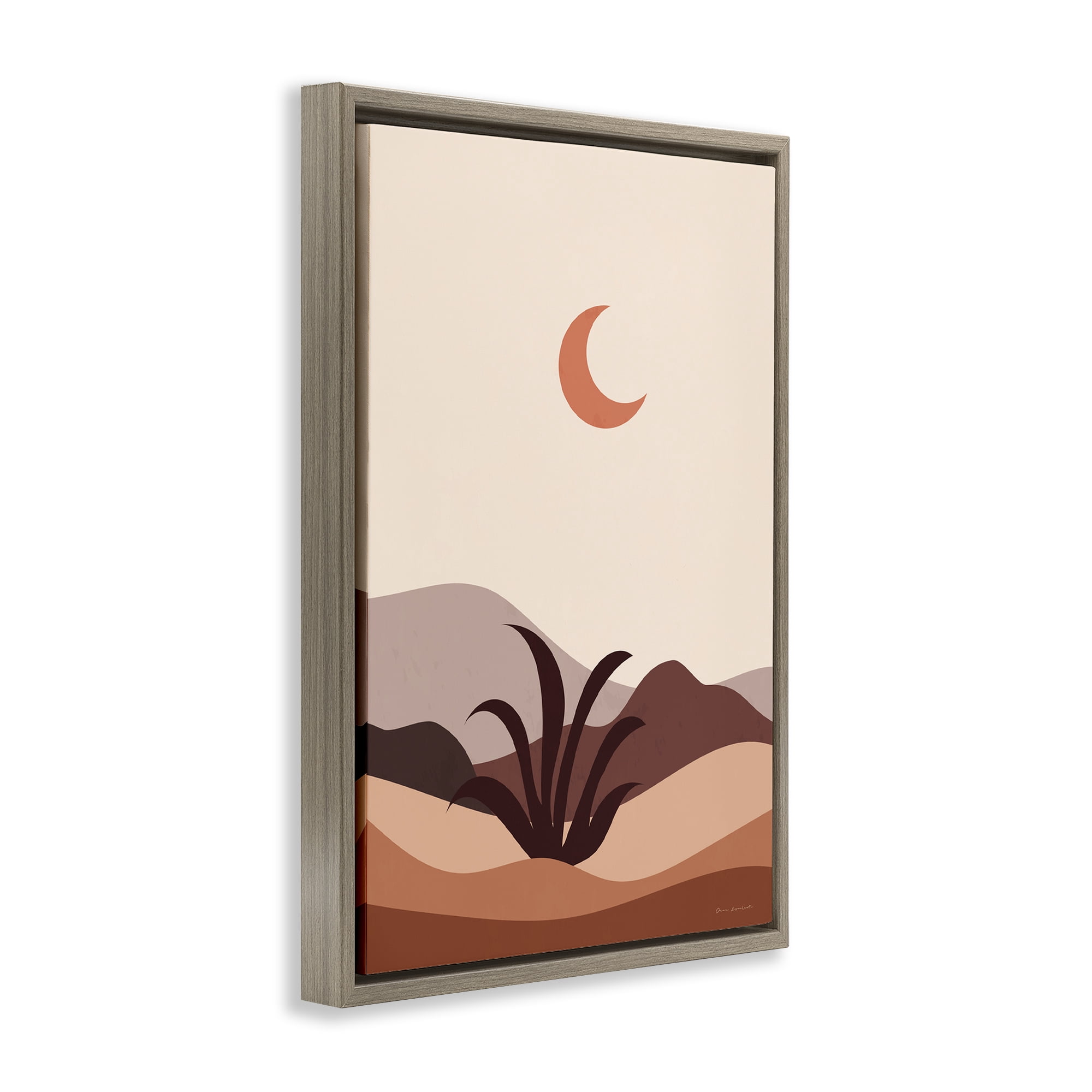 Stupell Industries Moon Over Desert Scene Landscape & Nature Painting Brown Floater Framed Canvas Art Print Wall Art, 21 x 31