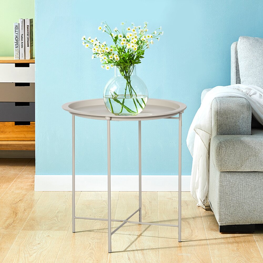 Annalei Tray Top Cross Legs End Table, Multi-use: Small Round Side End Table, Sofa Table, Tray Side Table, Snack Table, Metal, Anti-Rusty, Outdoor and Indoor Use for Putting Small Things., T - image 2 of 3