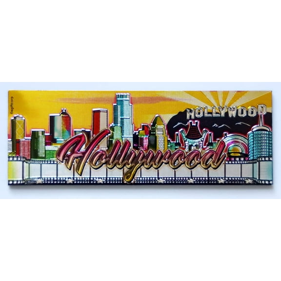Hollywood California Color Skyline Foil Magnet 5" X 1.75" x 0.125"