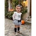 thumbnail image 4 of RUINIXCW Newborn Baby Girl My First Halloween Outfit Infant Baby Girls Fall Clothes Flying Sleeve Letter Pumpkin Ghost Print Romper Tiered Skirt Skort Headband Socks 4pcs Sets, 4 of 9