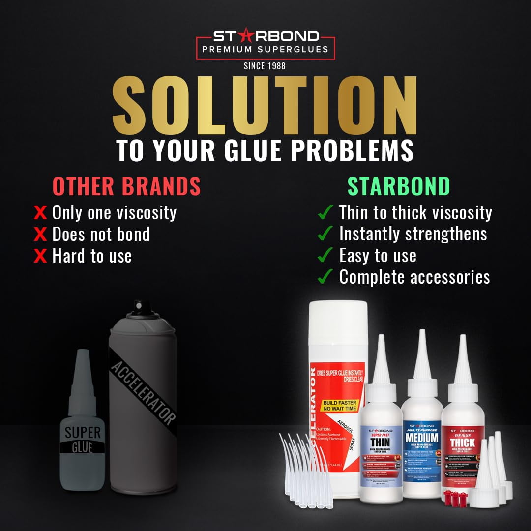 Starbond 2 oz. Thin, 2 oz. Medium, 2 oz. Thick CA Glue with 6 oz. Aerosol Accelerator Bundle, Cyanoacrylate Adhesive Super Glues for Woodworking, Woodturning, Guitar, Hobby