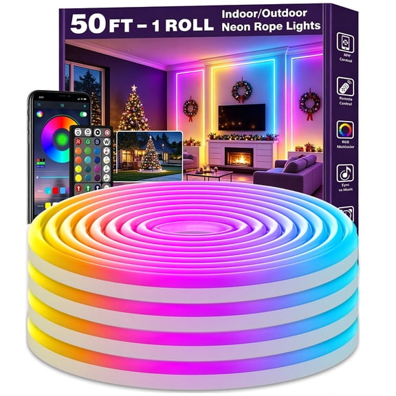 50FT IP65 Waterproof RGB Neon Rope Lights, Flexible LED Light Strip with App & Remote Control, Music Sync Multiple Modes Gaming Neon Lights for Bedroom, Patio, Indoor & Outdoor Decor