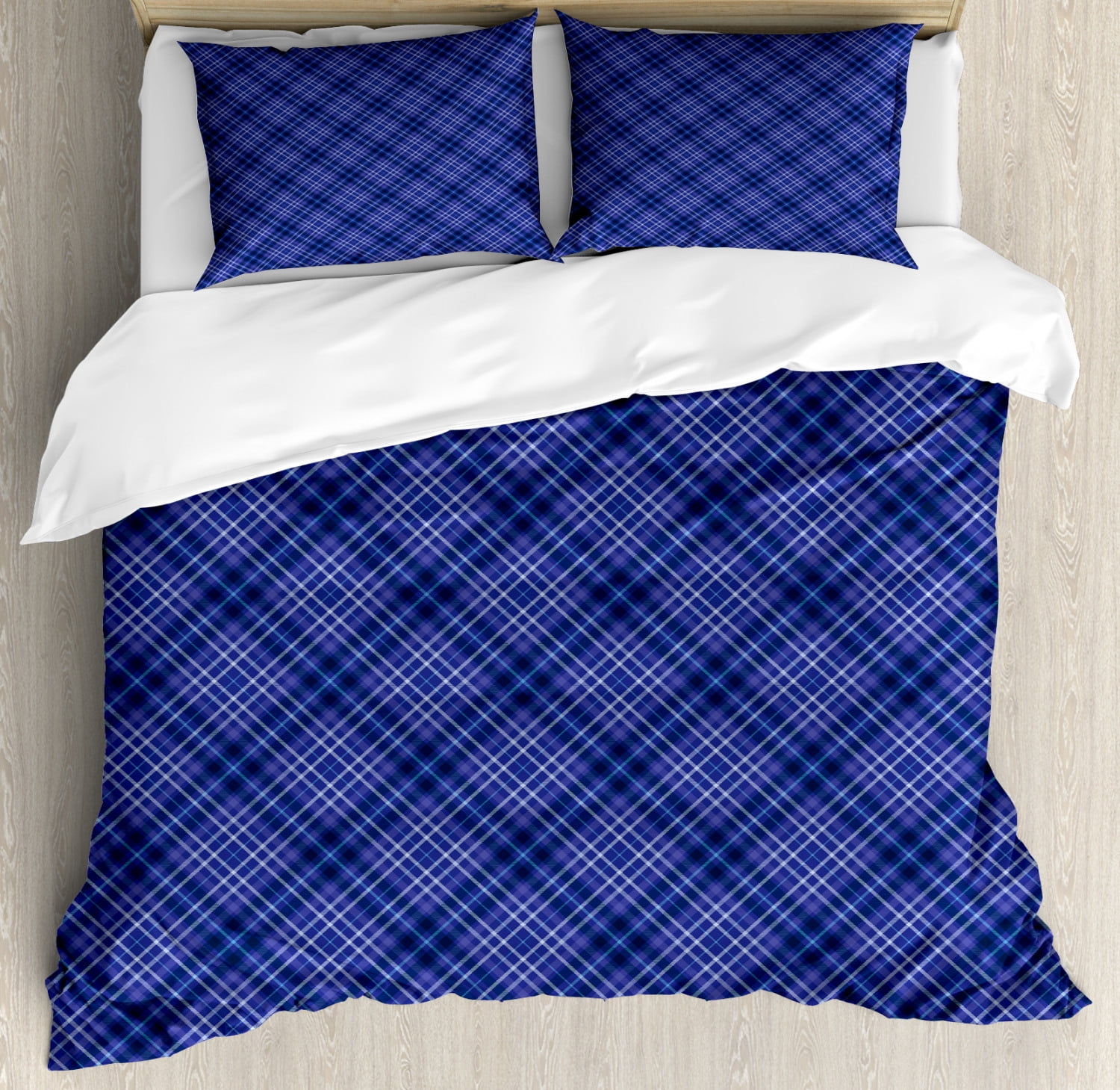 Geometrical Duvet Cover Set, Plaid Pattern in Blue Tones Monochrome