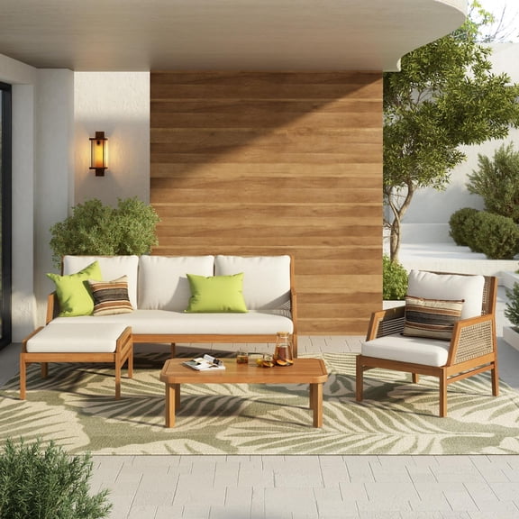 4-Piece Patio Furniture Set with Acacia Wood and Wicker, Outdoor Sectional Sofa and Coffee Table with Soft Cushions for Garden Backyard, 5-Seat, Teak and Cream